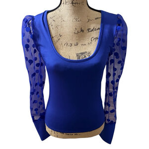 Vibrant Blue Long Sleeve Tee with Polka Dot Sheer Sleeves, Size L